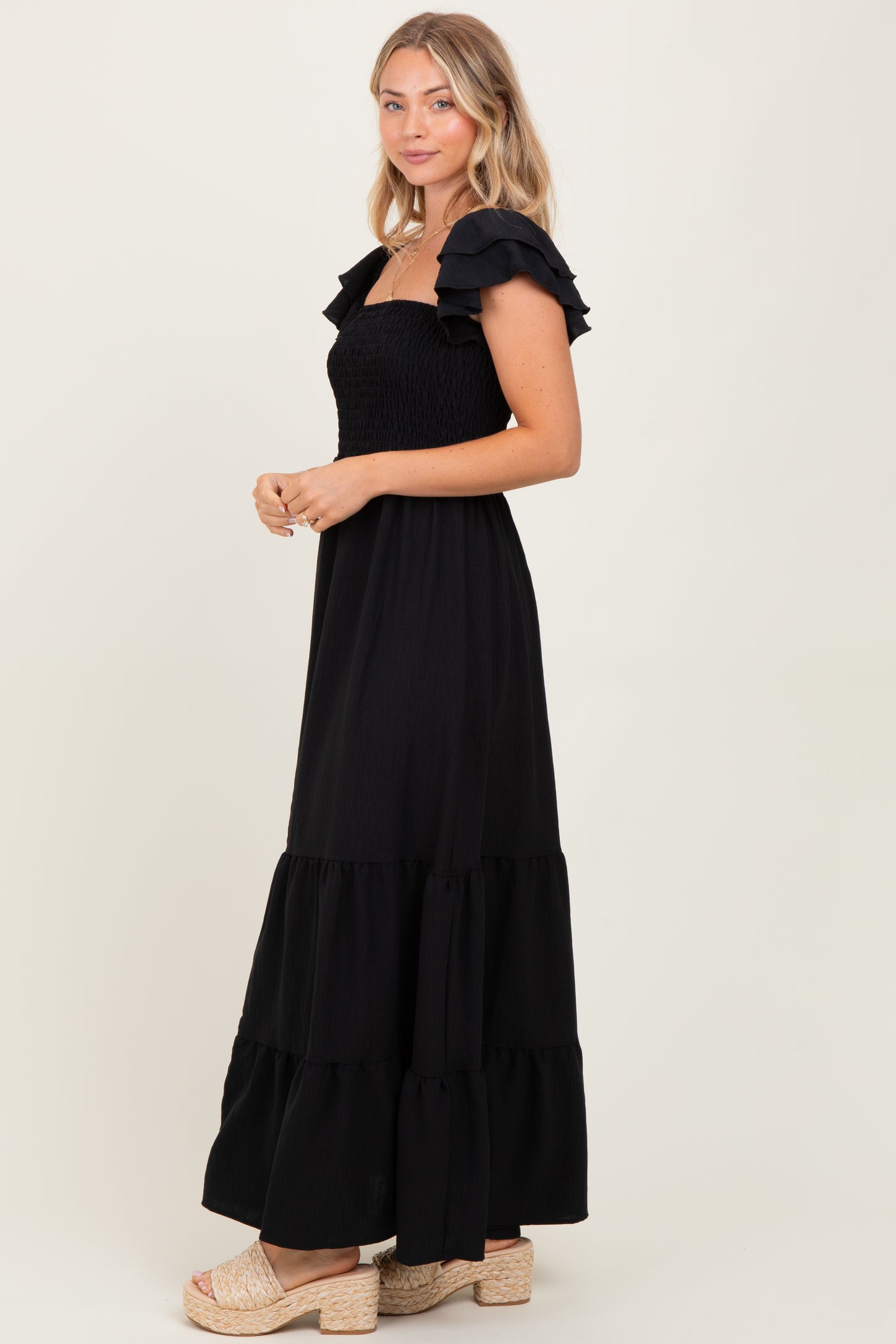 Black Smocked Ruffle Off Shoulder Tiered Maxi Dress