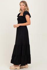 Black Smocked Ruffle Off Shoulder Tiered Maxi Dress