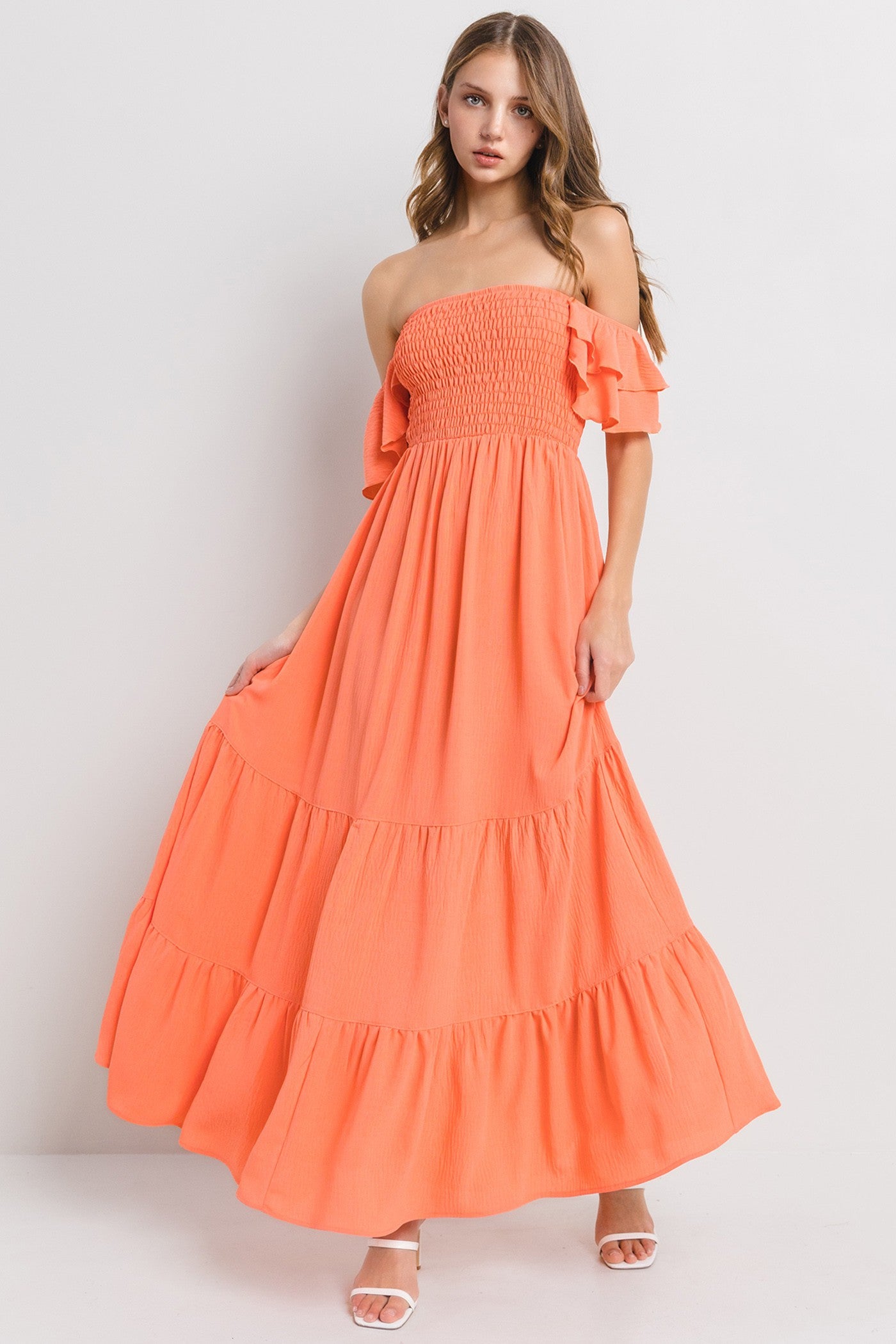 open lace back dress Orange Smocked Ruffle Off Shoulder Tiered Maxi Dress – PinkBlush