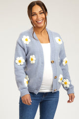 Light Blue Floral Knit Button Front Maternity Cardigan