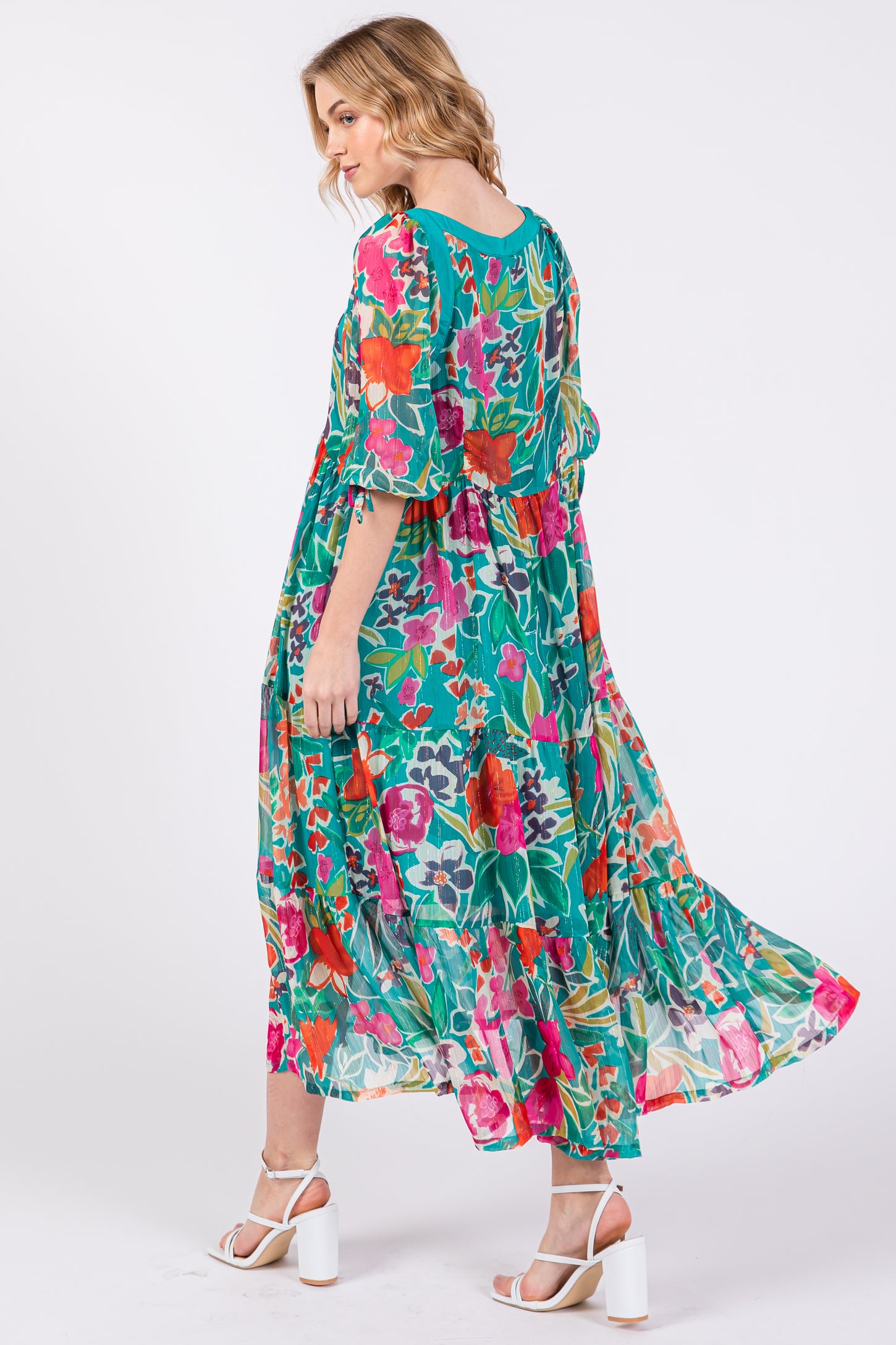 turquoise floral midi dress Women's Laguna Bloom Turquoise Multi Floral Sleeveless Midi Dress | Size: M