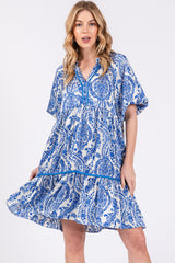 Blue Print Satin Puff Sleeve Maternity Dress