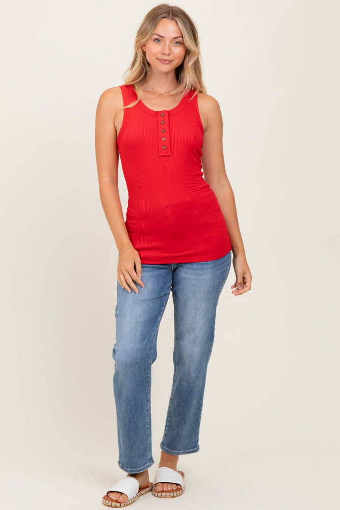 Red Button Accent Ribbed Tank