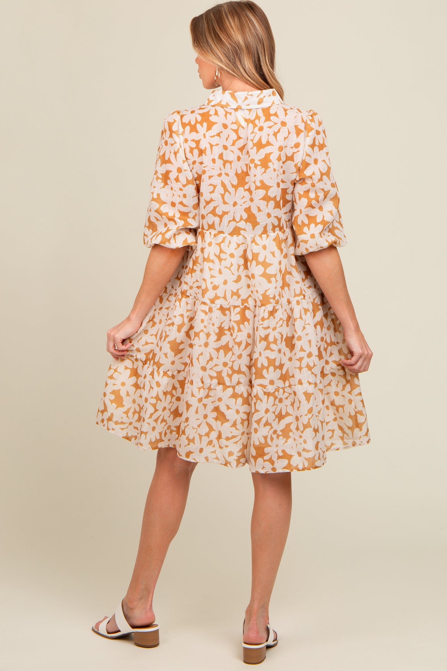 Camel Floral Button Down Maternity Dress
