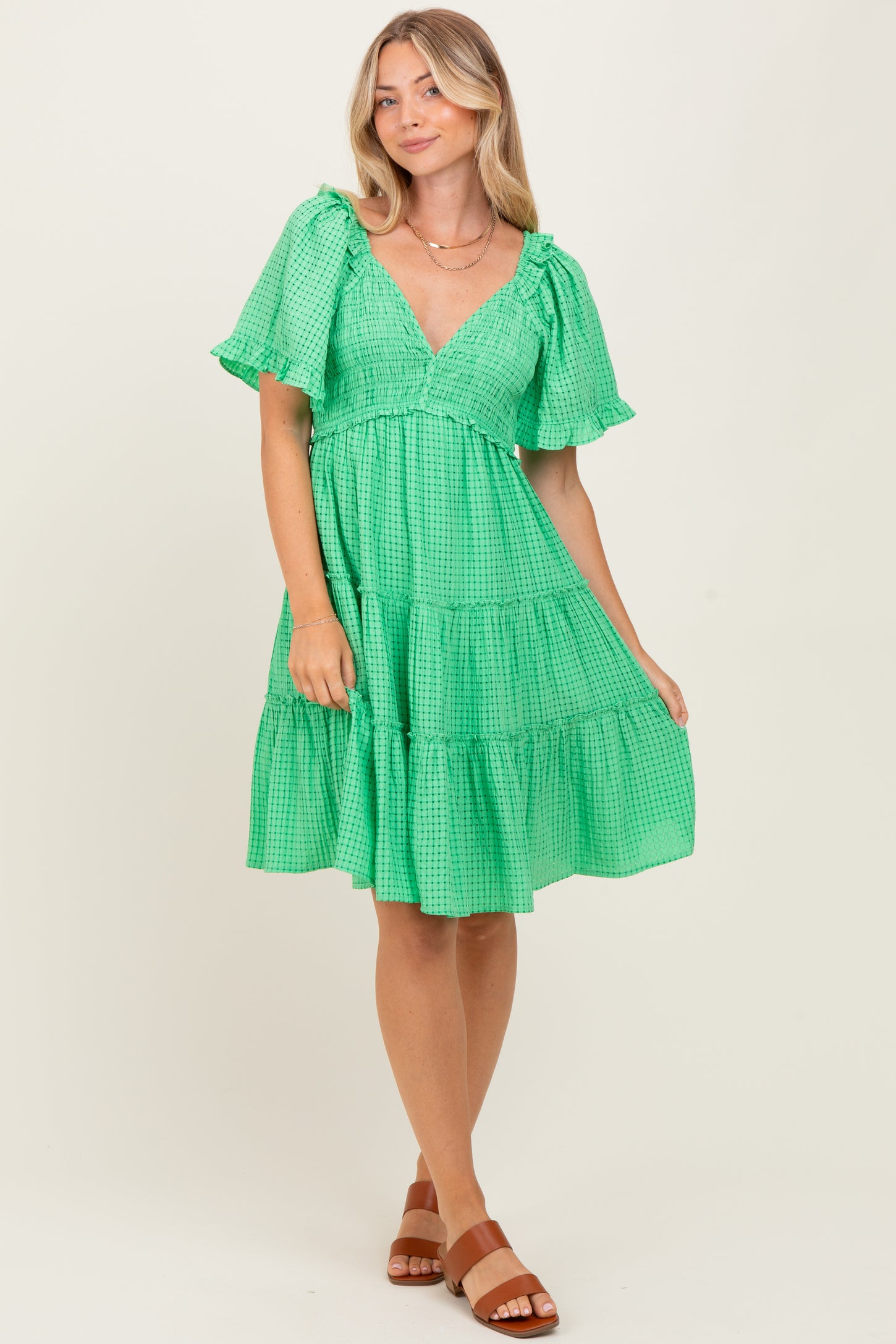 Green Smocked V-Neck Ruffle Short Sleeve Tiered Maternity Dress