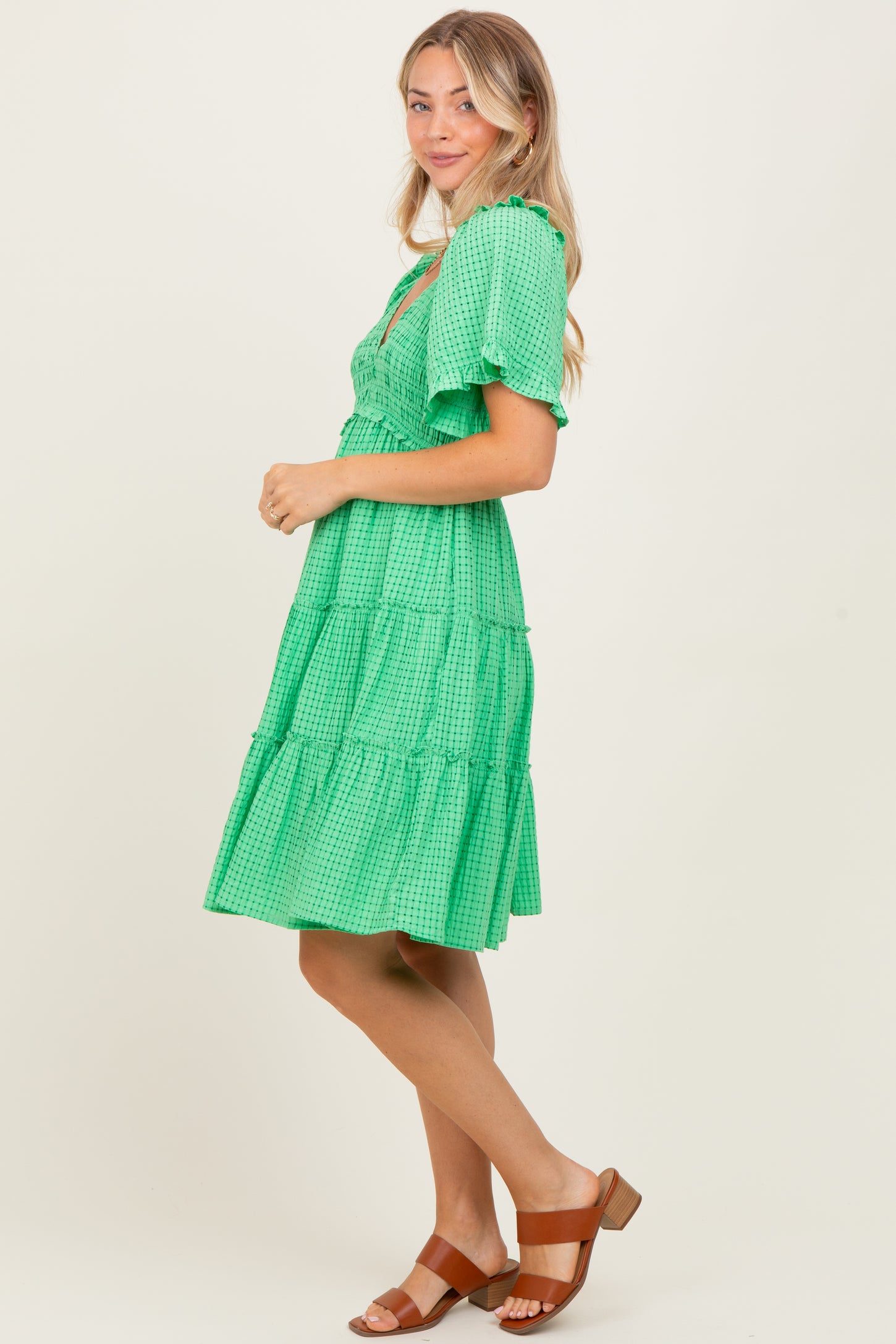 Green Smocked V-Neck Ruffle Short Sleeve Tiered Maternity Dress