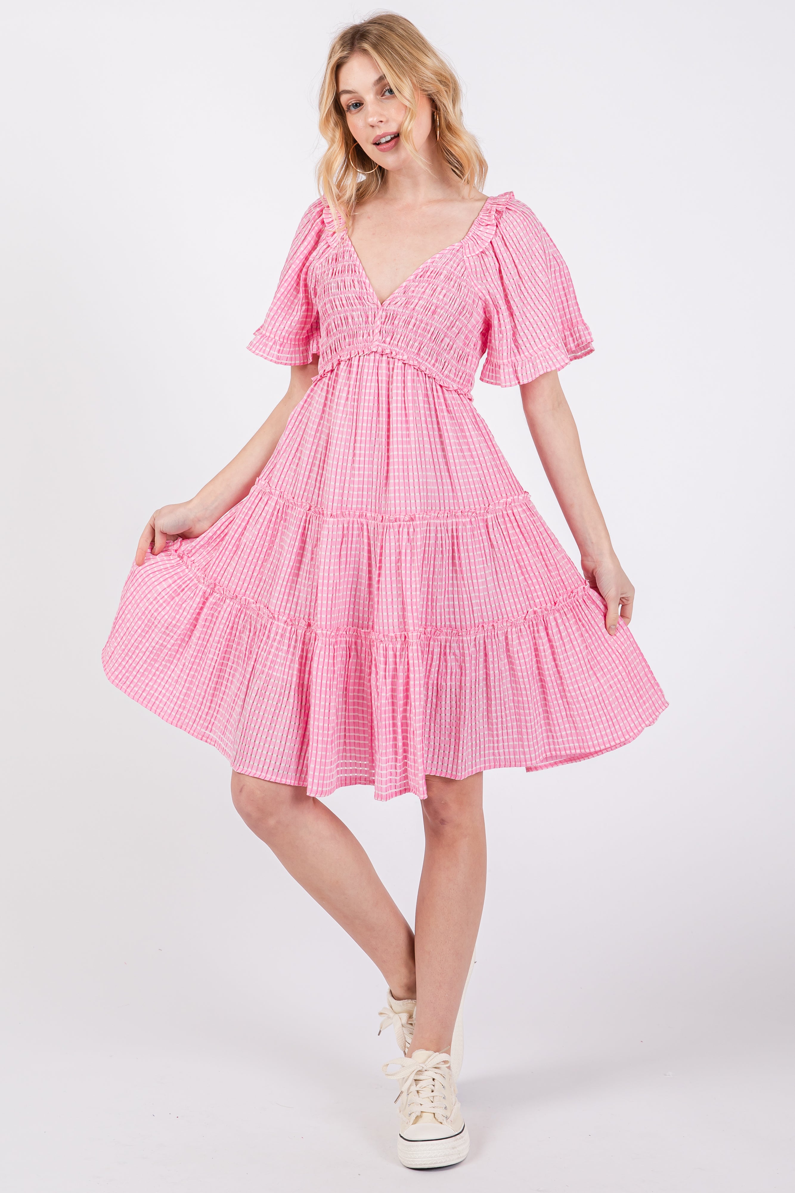 pink tiered smock dress Yours Women's Plus Size Pink Ditsy Tiered Mini Smock Dress Size 12