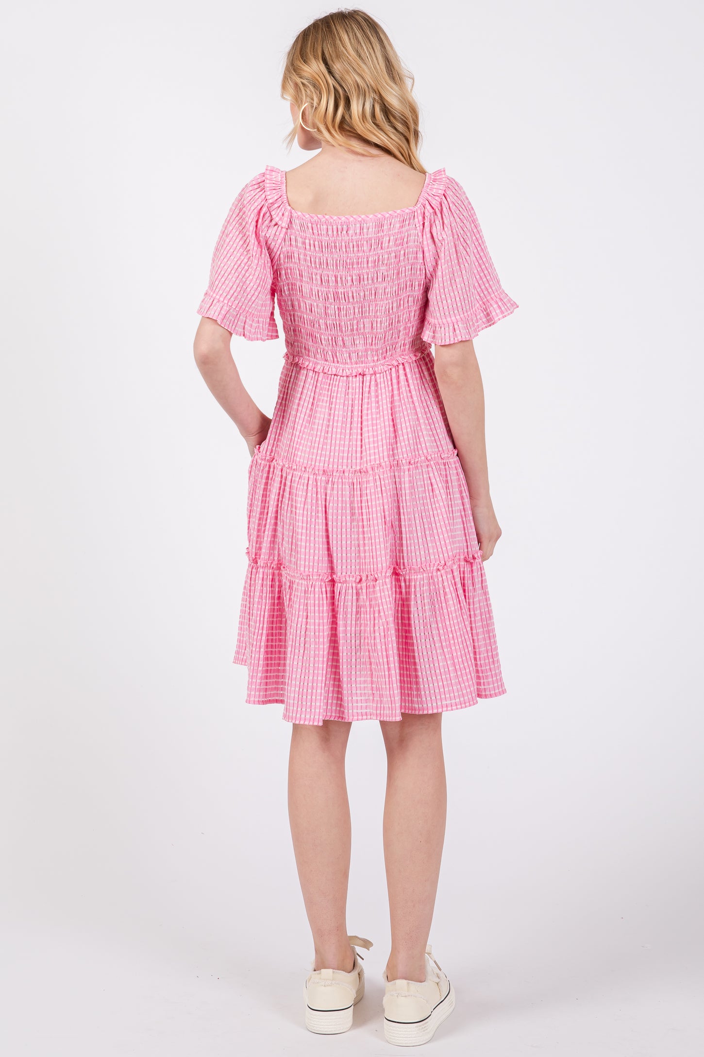 Pink Smocked V-Neck Ruffle Short Sleeve Tiered Dress Pink Smocked V-Neck Ruffle Short Sleeve Tiered Dress