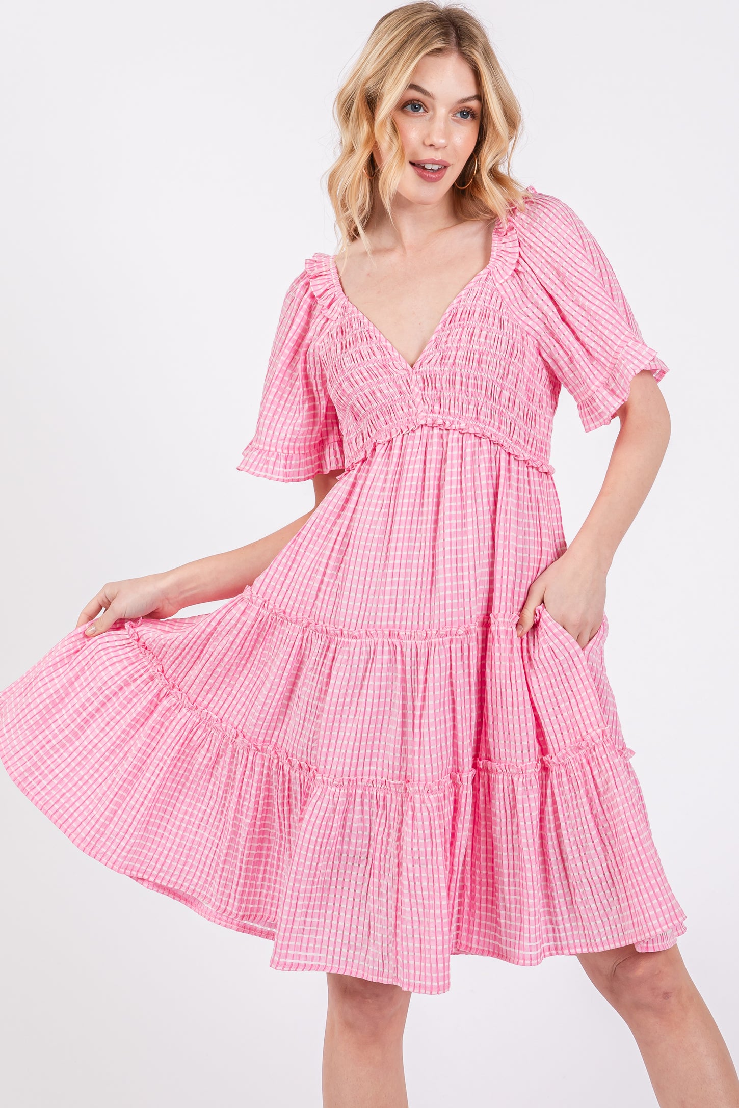 short sleeve tiered dress Pink Smocked V-Neck Ruffle Short Sleeve Tiered Dress – PinkBlush