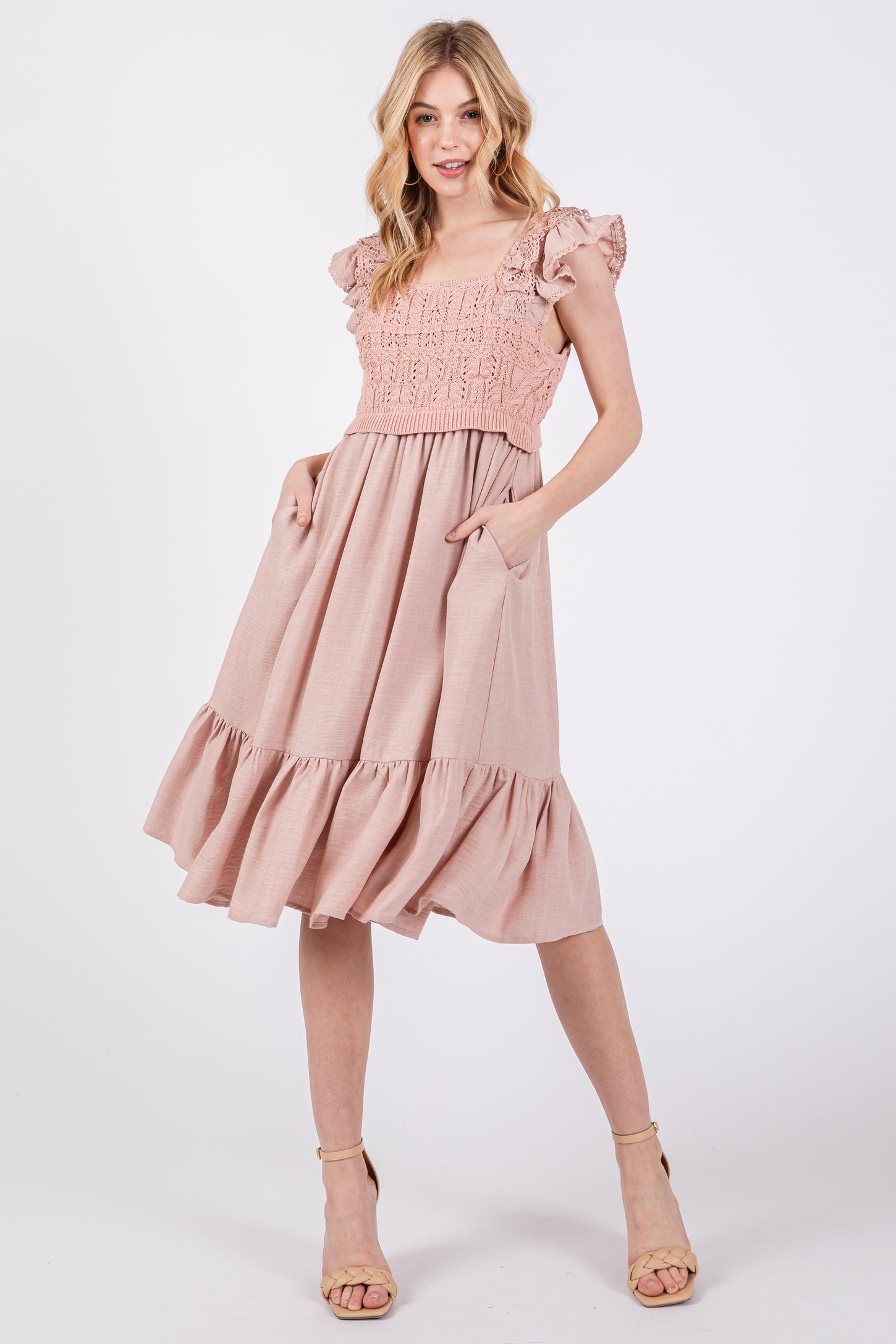 Mauve Crochet Knit Knee Length Dress