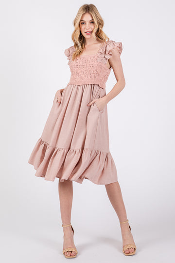 Mauve Crochet Knit Knee Length Dress