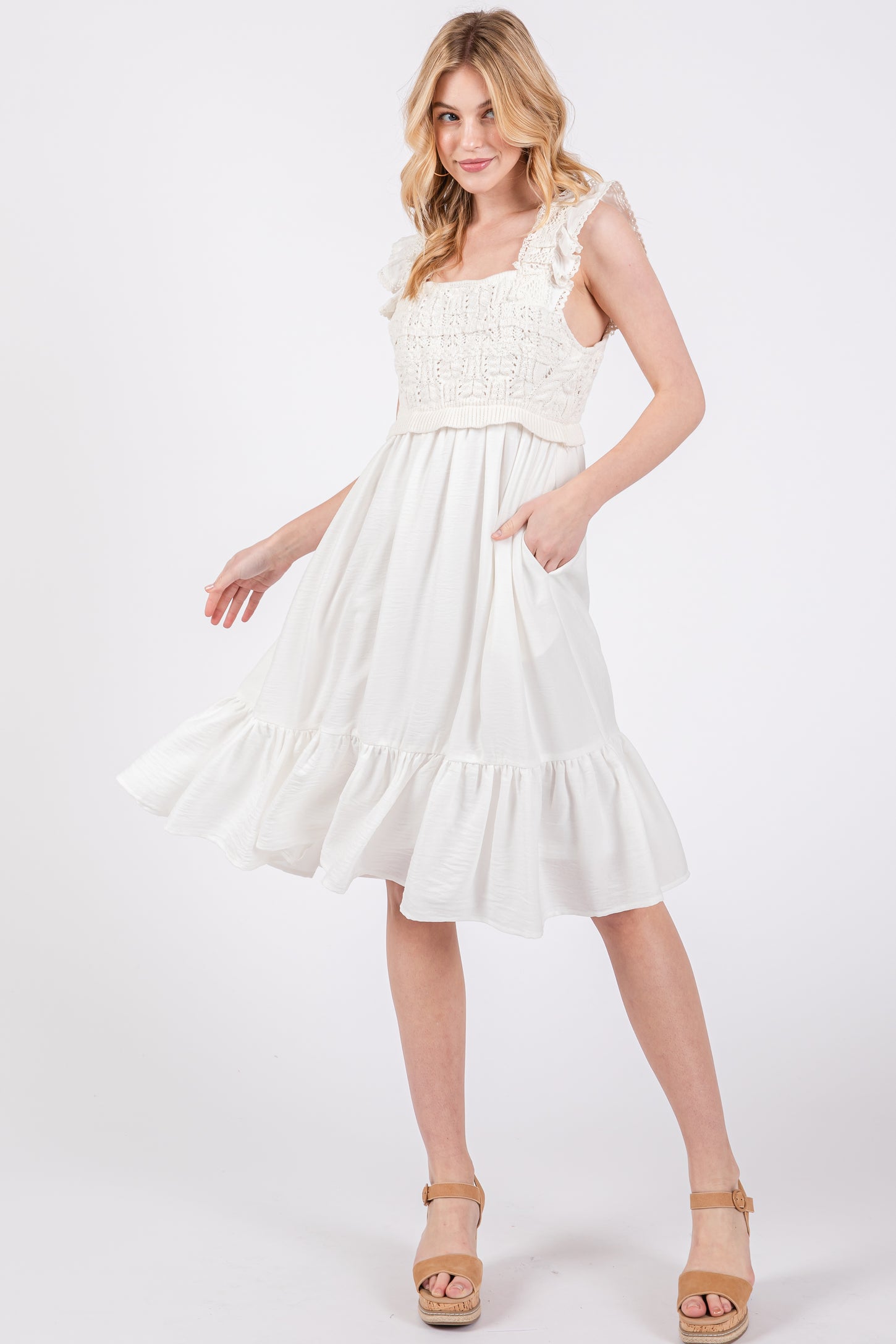 Ivory Crochet Knit Knee Length Dress Ivory Crochet Knit Knee Length Dress