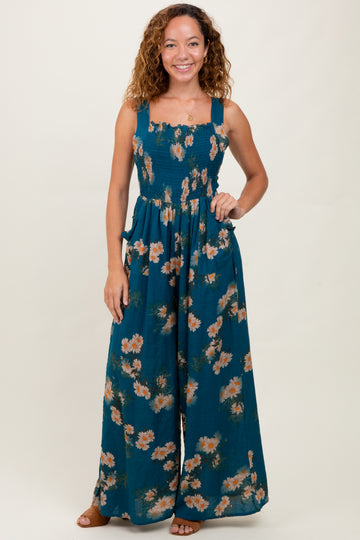 Teal Floral Smocked Jumpsuit