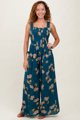 Teal Floral Smocked Jumpsuit