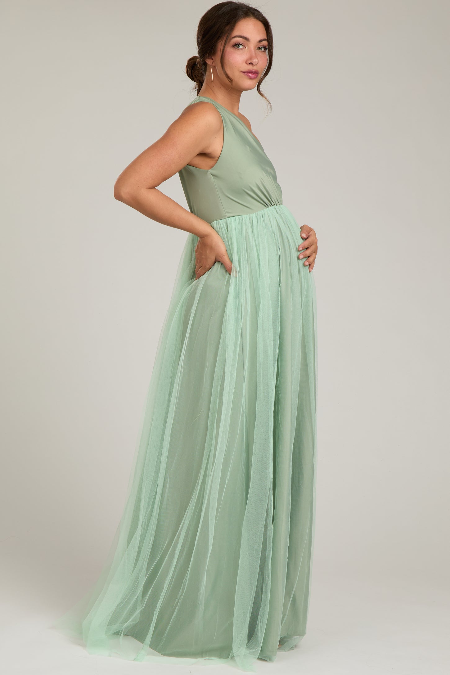 Light Olive One Shoulder Tulle Maternity Maxi Dress PinkBlush Light Olive One Shoulder Tulle Maternity Maxi Dress PinkBlush