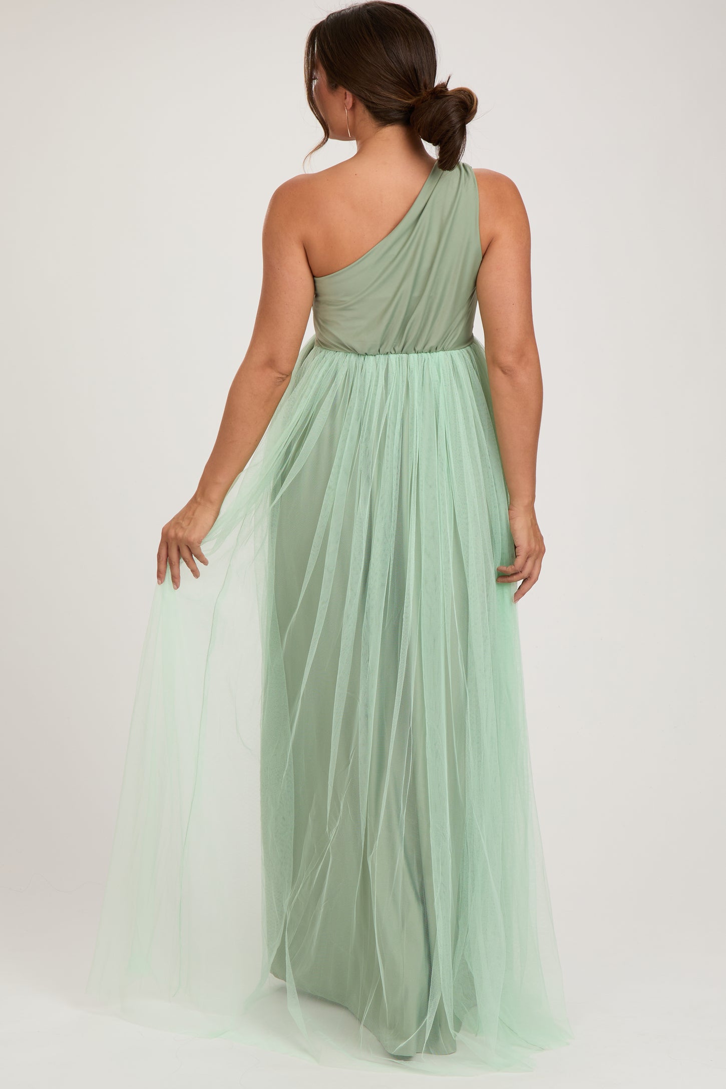 Light Olive One Shoulder Tulle Maternity Maxi Dress PinkBlush Light Olive One Shoulder Tulle Maternity Maxi Dress PinkBlush