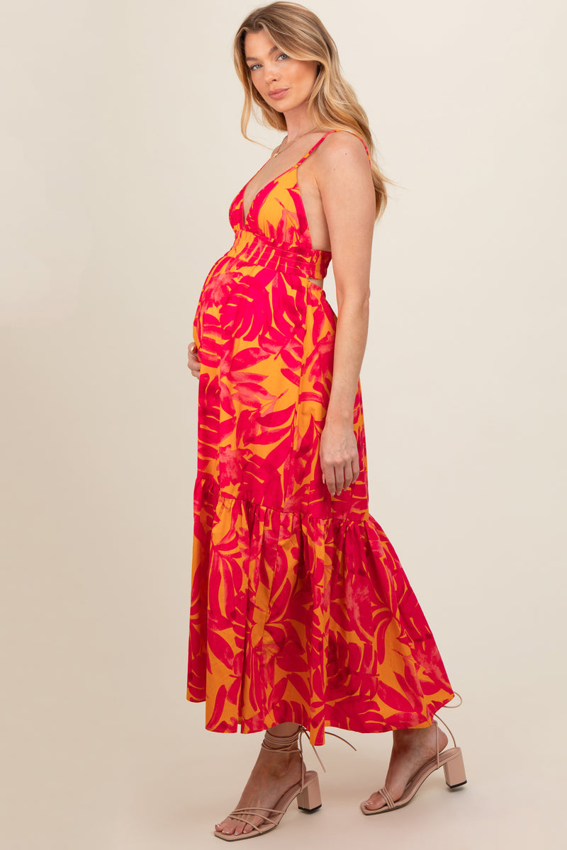 Teal Leaf Print Square Neck Maternity Midi Dress