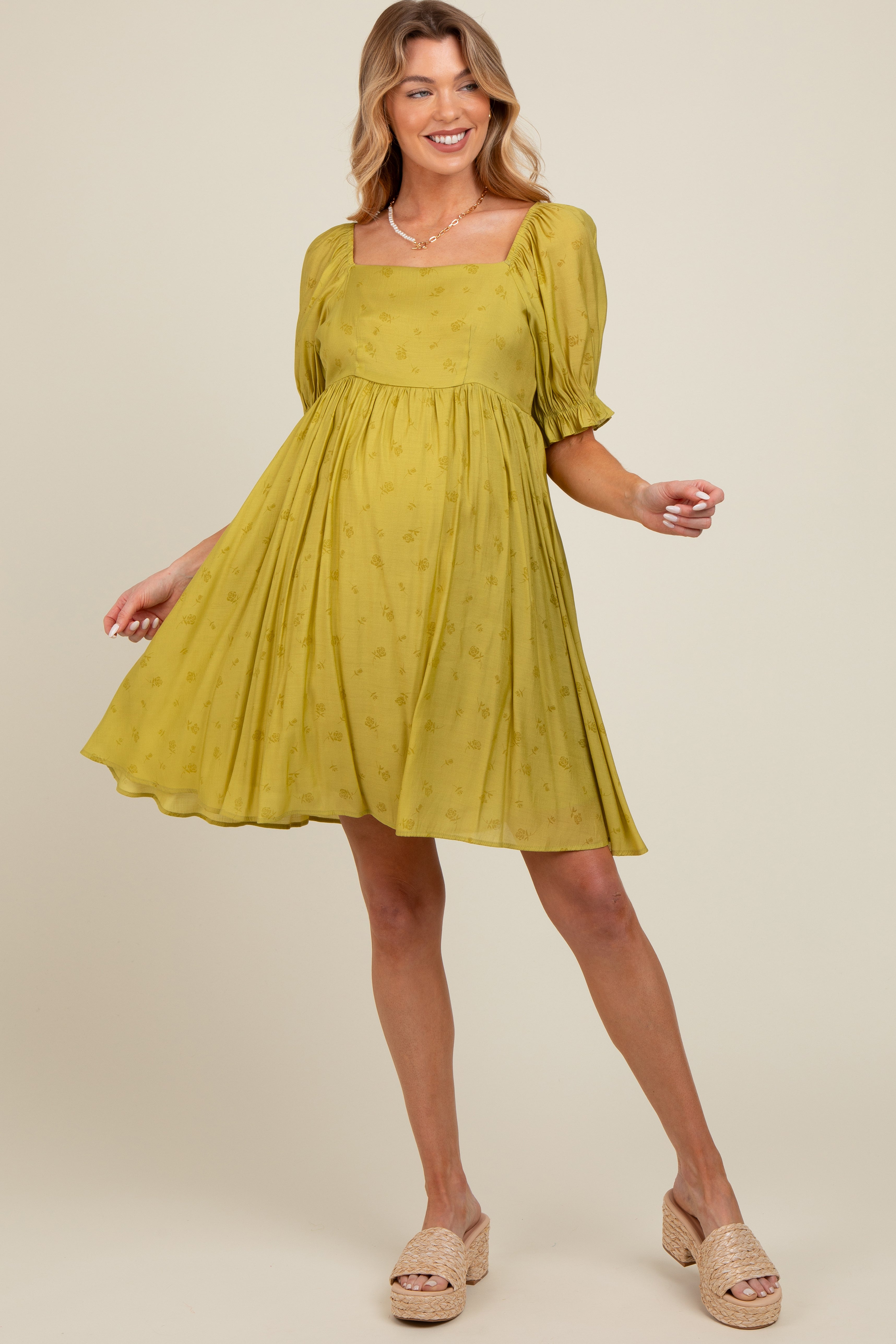 Lime Floral Puff Sleeve Maternity Dress – PinkBlush
