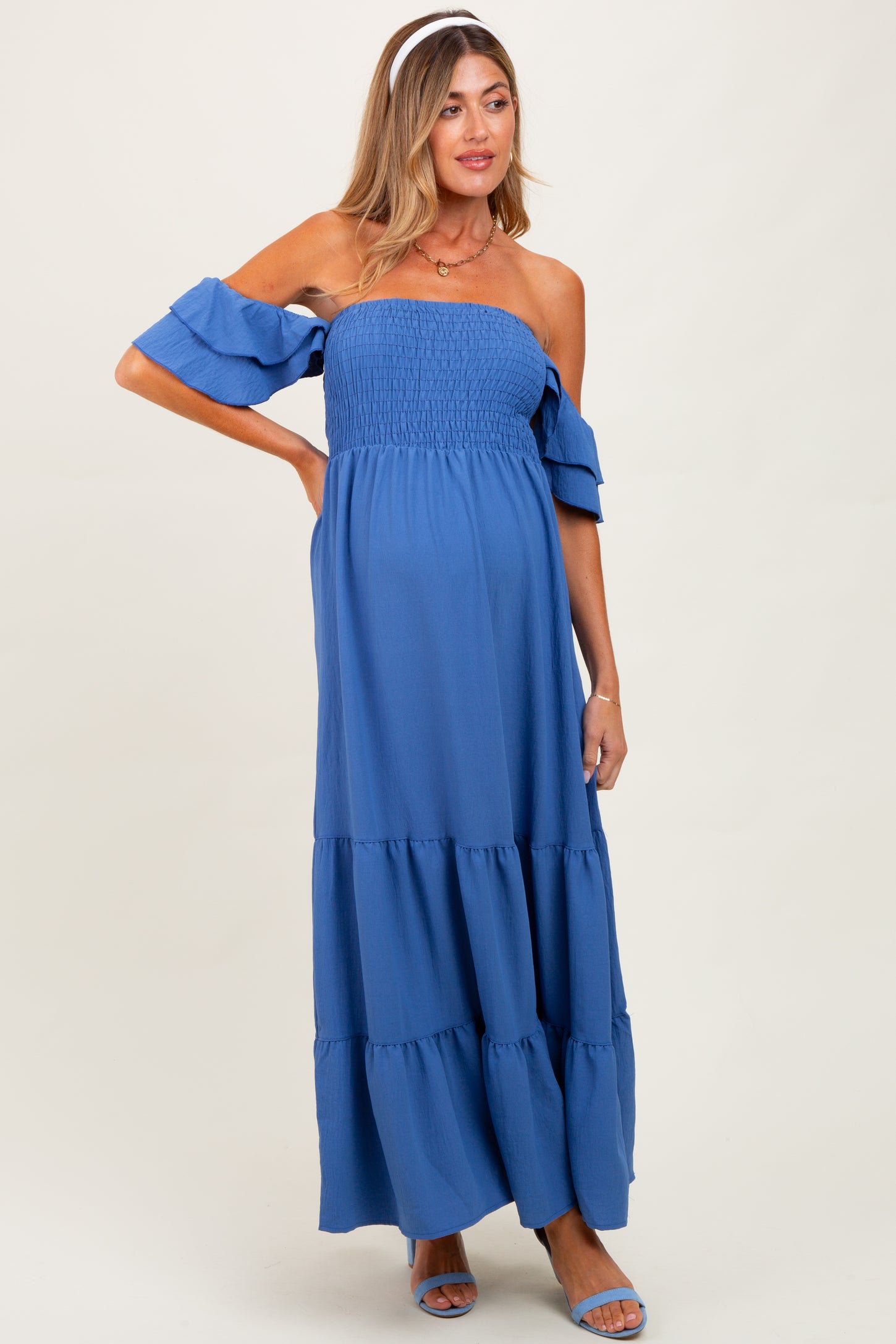 Blue Ruffle Tiered Maternity Maxi Dress – PinkBlush