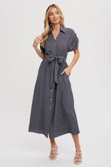 Charcoal Button Front Belted Short Sleeve Maternity Midi Dress