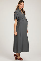 Charcoal Button Front Belted Short Sleeve Maternity Midi Dress