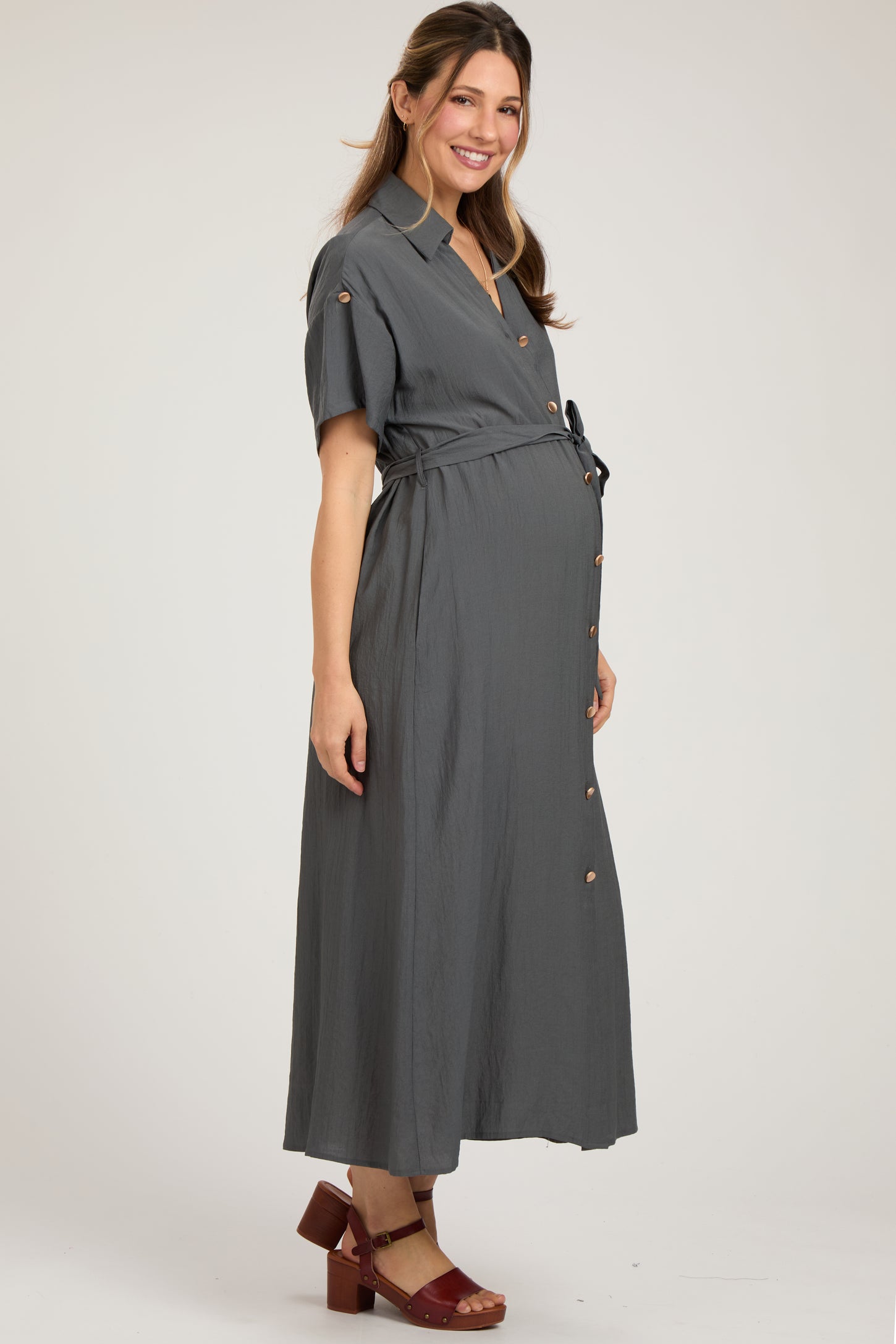 Charcoal Button Front Belted Short Sleeve Maternity Midi Dress – PinkBlush