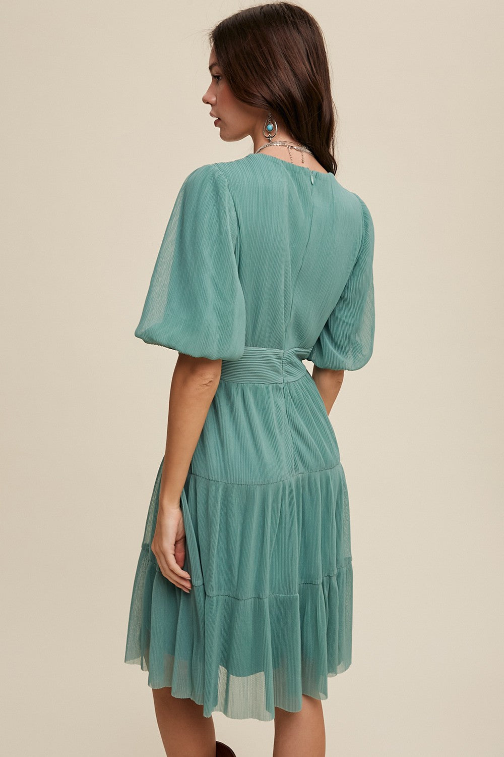 Sage V-Neck Pleated Mesh Cinched Waist Midi Dress PinkBlush Sage V-Neck Pleated Mesh Cinched Waist Midi Dress PinkBlush