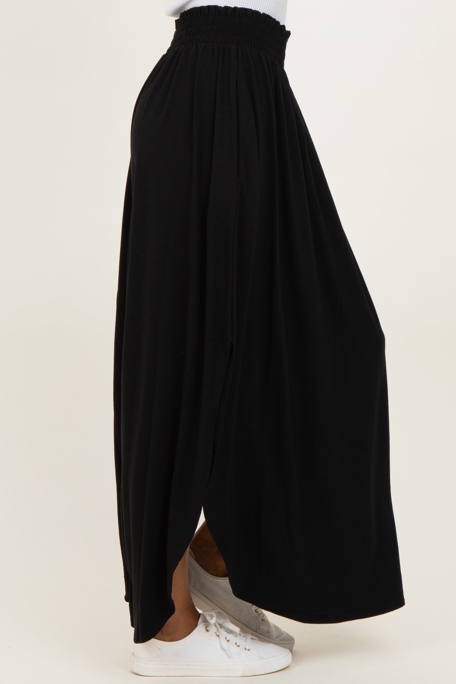Black Smocked Rounded Hem Maxi Skirt