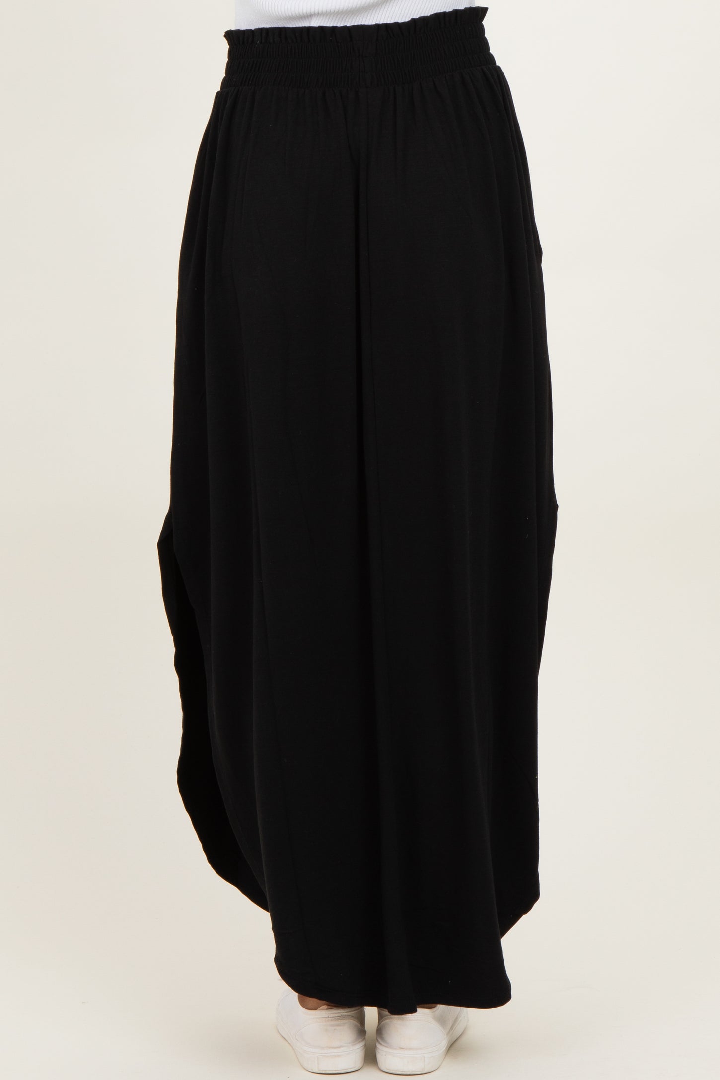 Black Smocked Rounded Hem Maxi Skirt