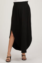 Black Smocked Rounded Hem Maternity Maxi Skirt