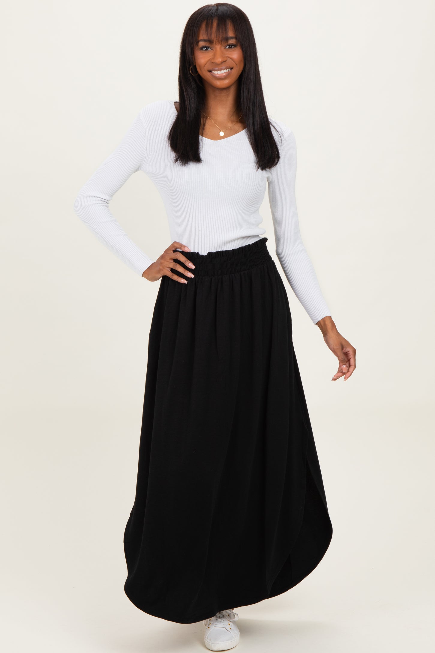 Black Smocked Rounded Hem Maxi Skirt