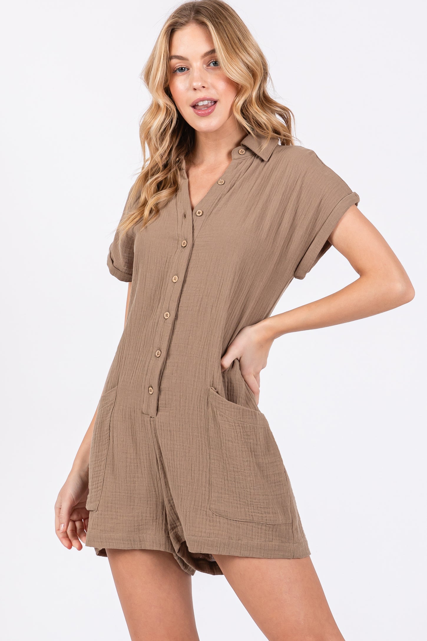 Taupe Gauze Button Up Front Pocket Maternity Romper