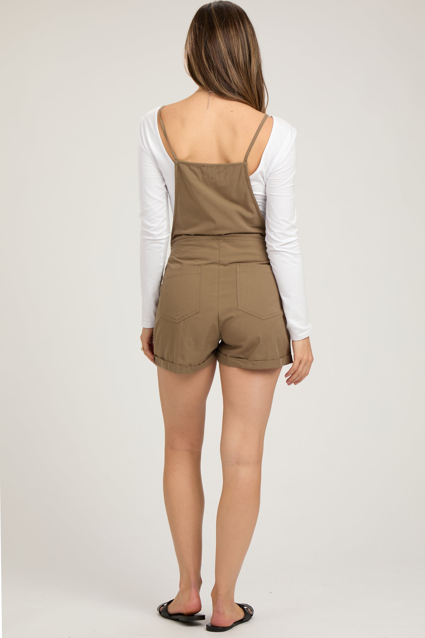 Olive Front Pocket Maternity Short Overalls