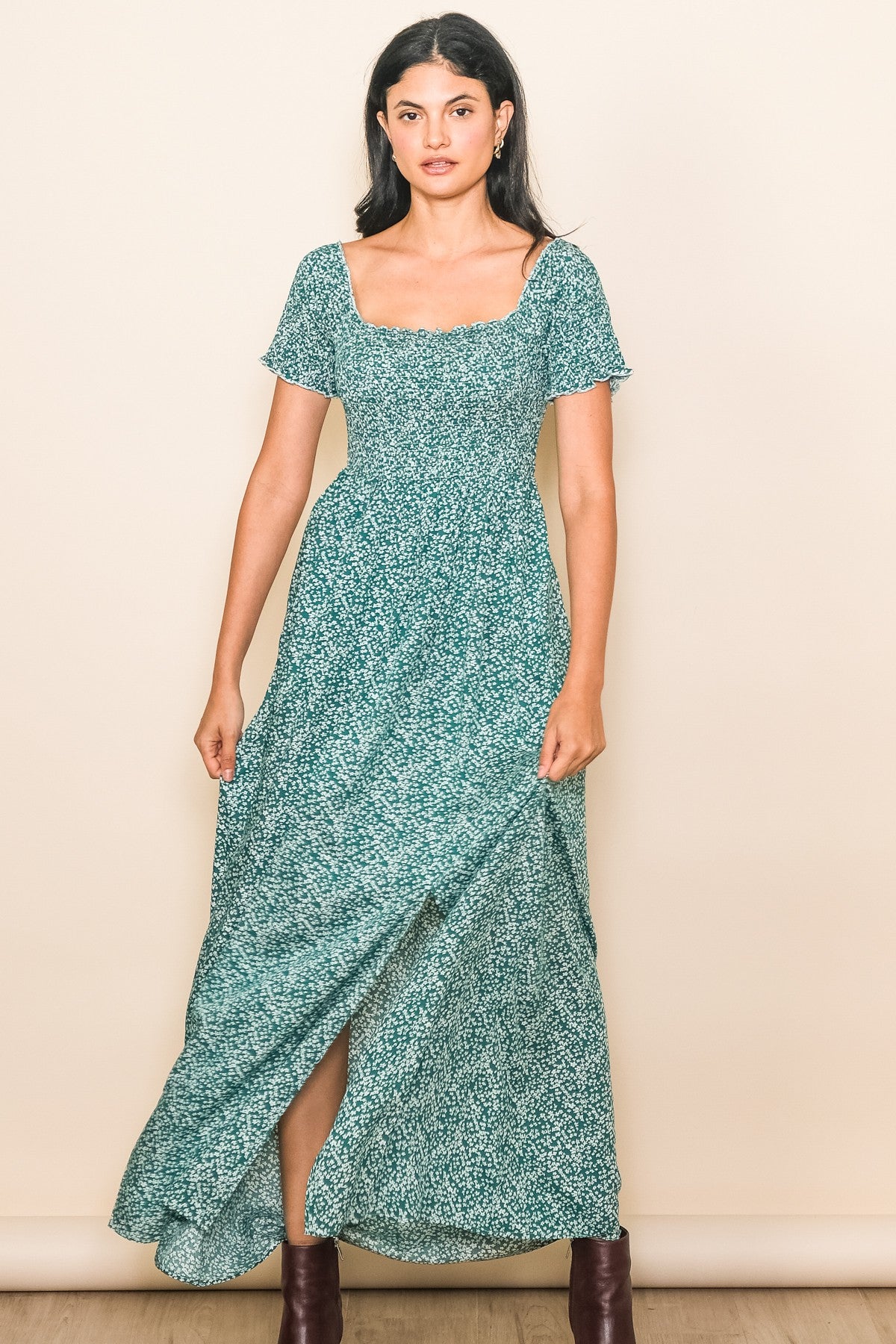 fitted lace wedding dress Green Floral Smocked Fitted Sleeve Side Slit Maxi Dress – PinkBlush