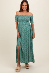 Green Floral Smocked Fitted Sleeve Side Slit Maternity Maxi Dress