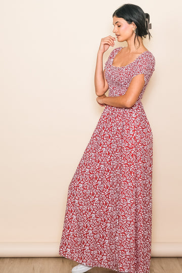 Red Floral Smocked Fitted Sleeve Side Slit Maxi Dress