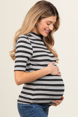 Black Striped Ribbed Mock Neck Maternity Top