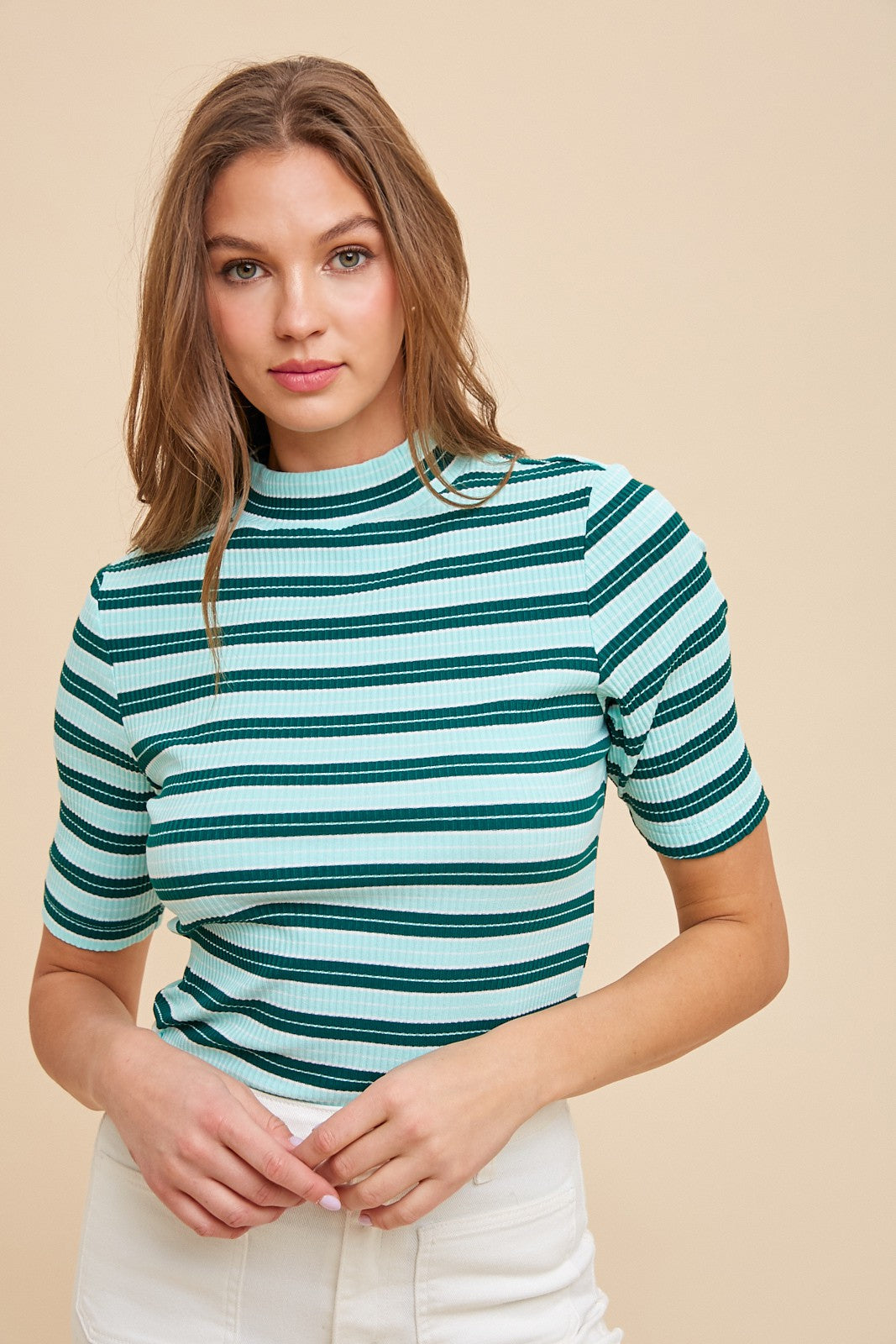Mint Striped Ribbed Mock Neck Maternity Top