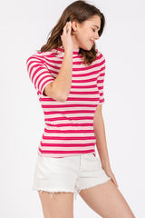 Pink Striped Ribbed Mock Neck Maternity Top