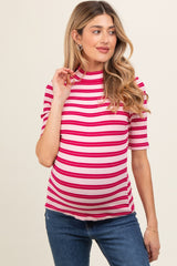 Pink Striped Ribbed Mock Neck Maternity Top