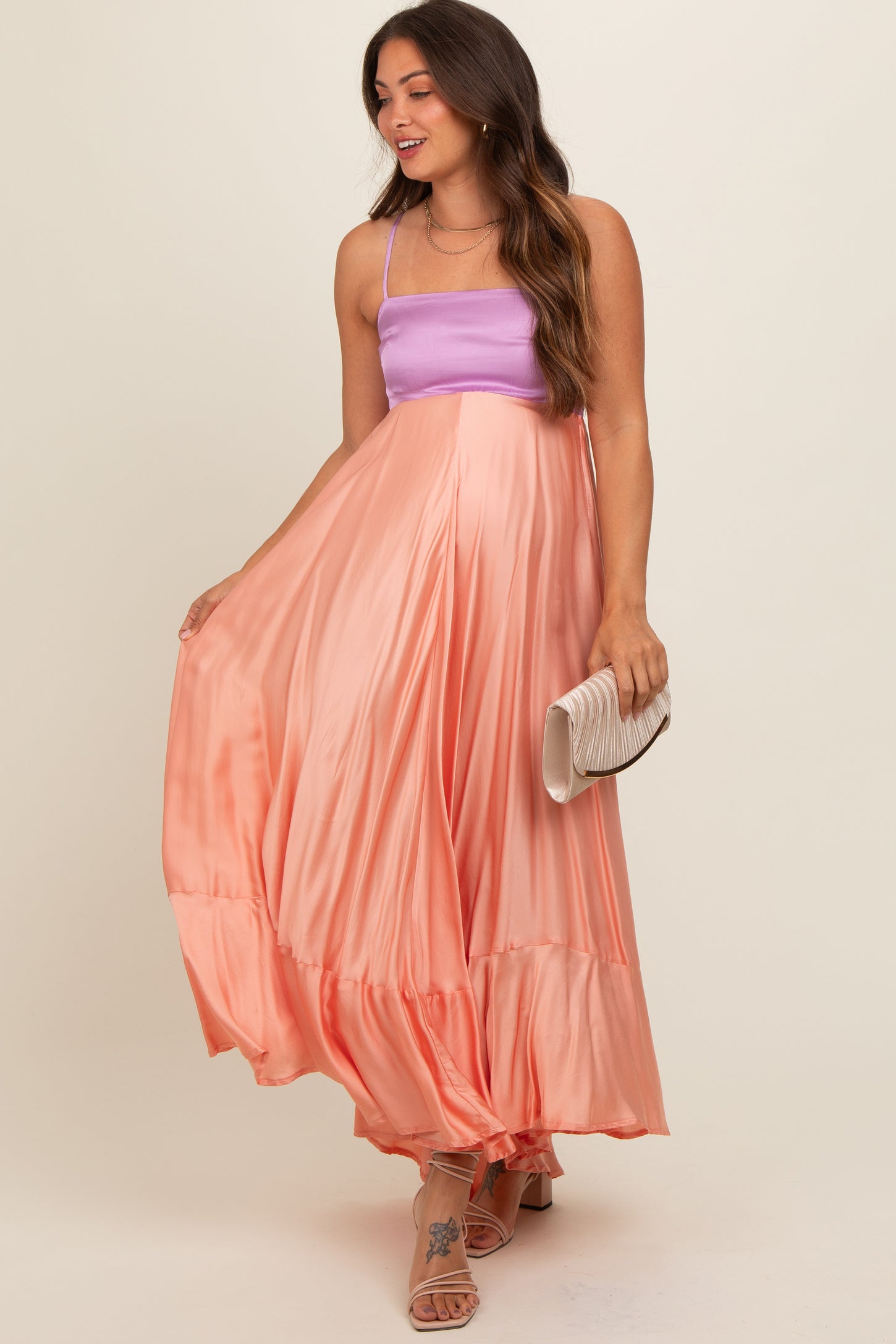 Peach Colorblock Sleeveless Satin Maternity Dress PinkBlush Peach Colorblock Sleeveless Satin Maternity Dress PinkBlush