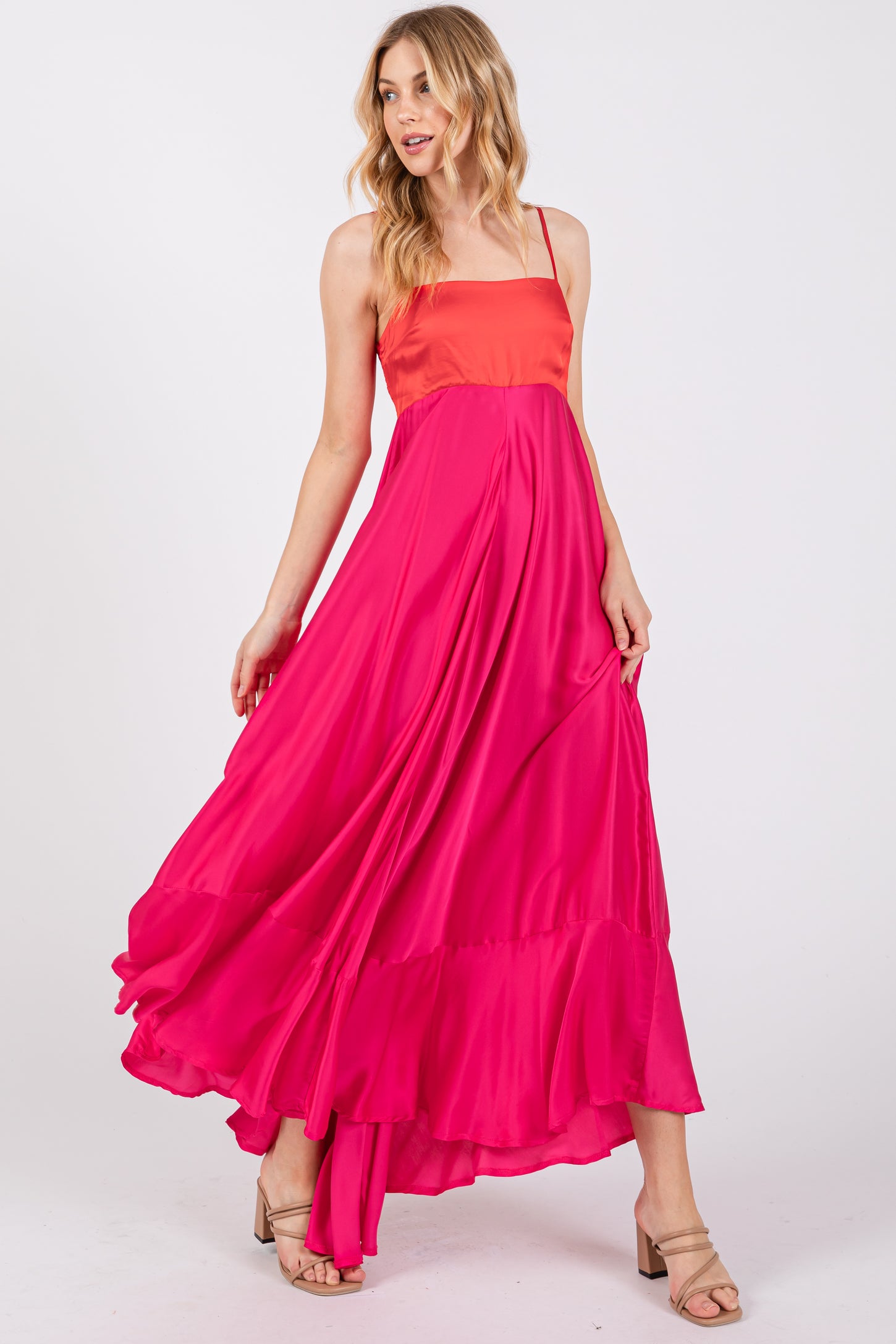 colorblock satin dress The Tangerina | Orange Satin Bow Color-Block Maxi Dress