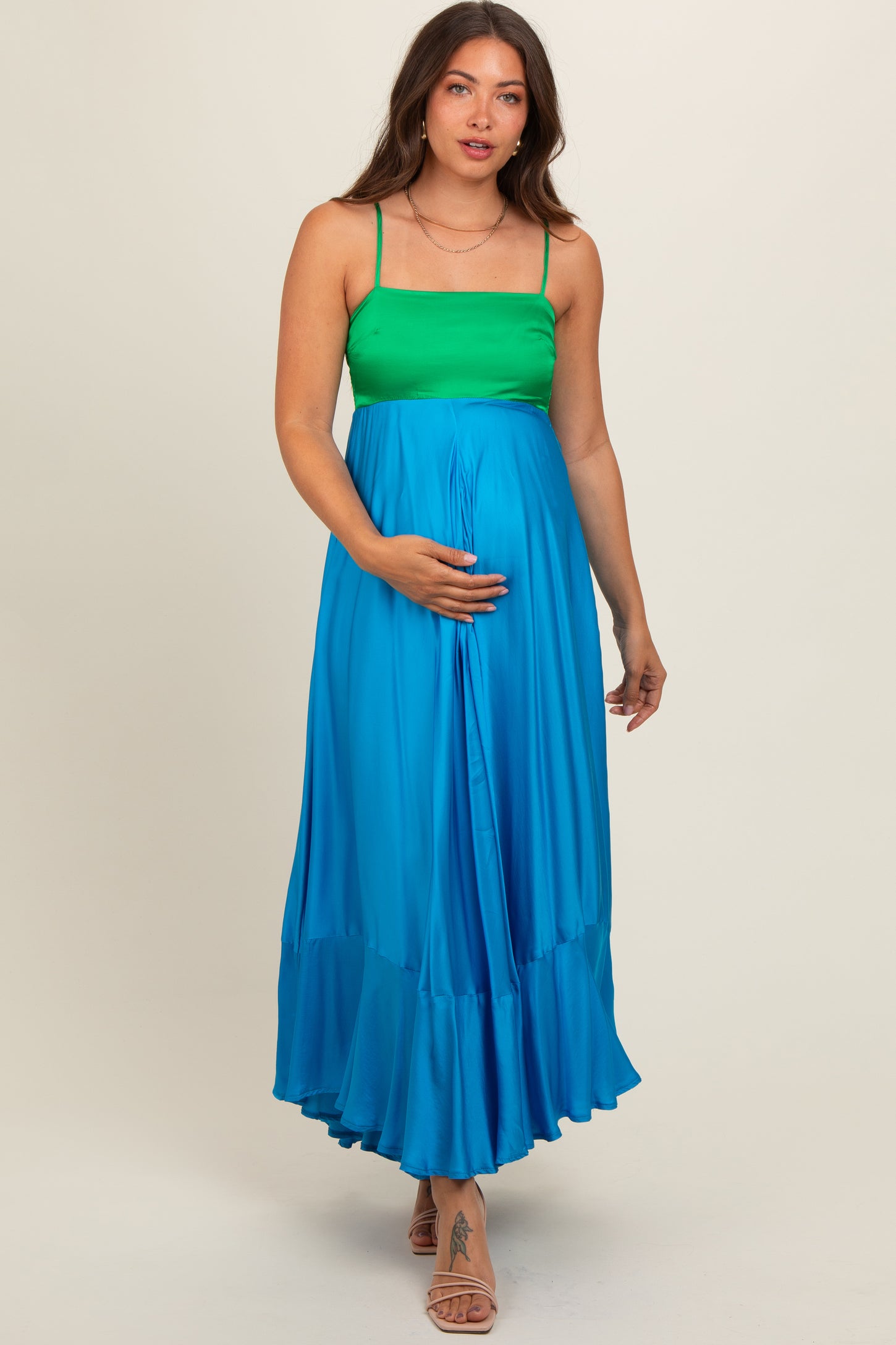 Green Colorblock Sleeveless Satin Maternity Dress PinkBlush Green Colorblock Sleeveless Satin Maternity Dress PinkBlush