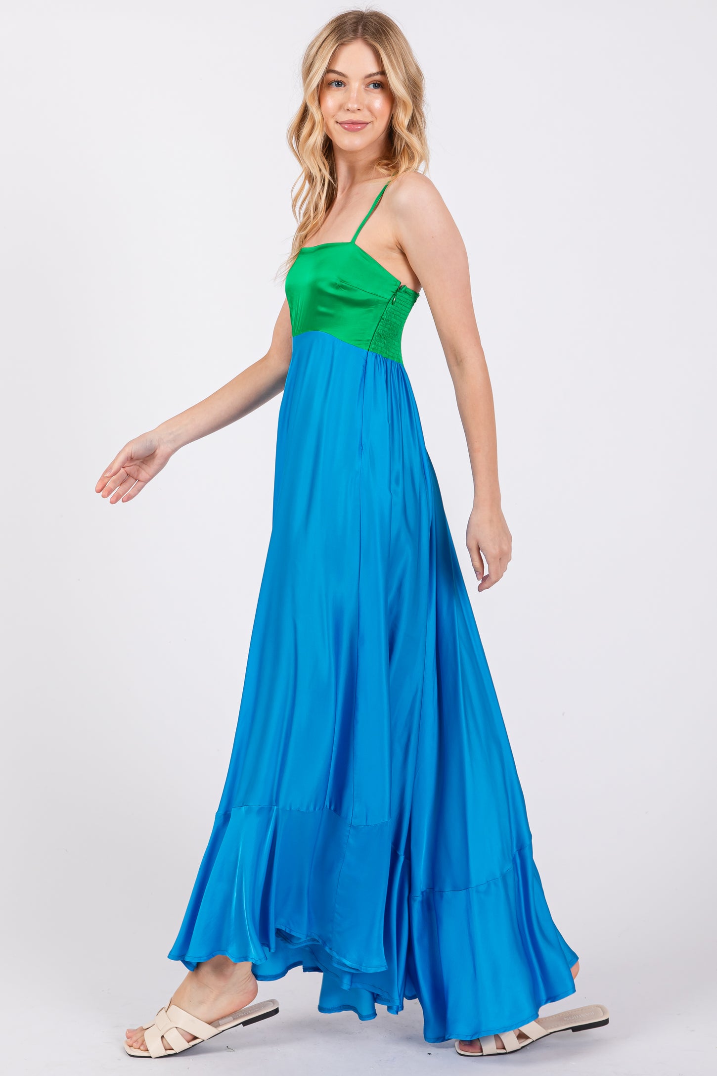 Green Colorblock Sleeveless Satin Dress Green Colorblock Sleeveless Satin Dress