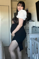 Black Rib Knit Contrast Puff Sleeve Maternity Midi Dress