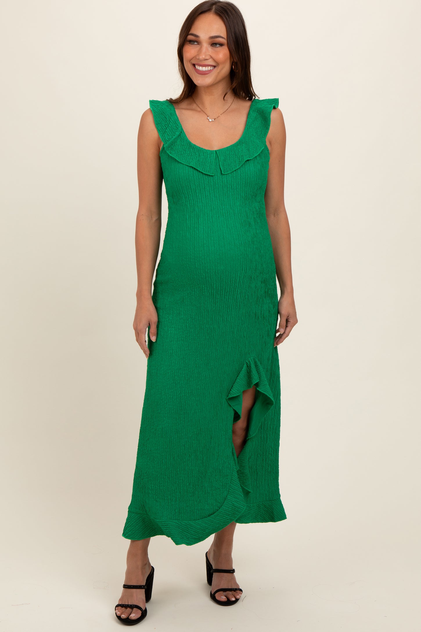 Green Textured Sleeveless Ruffle Slit Maternity Maxi Dress Green Textured Sleeveless Ruffle Slit Maternity Maxi Dress