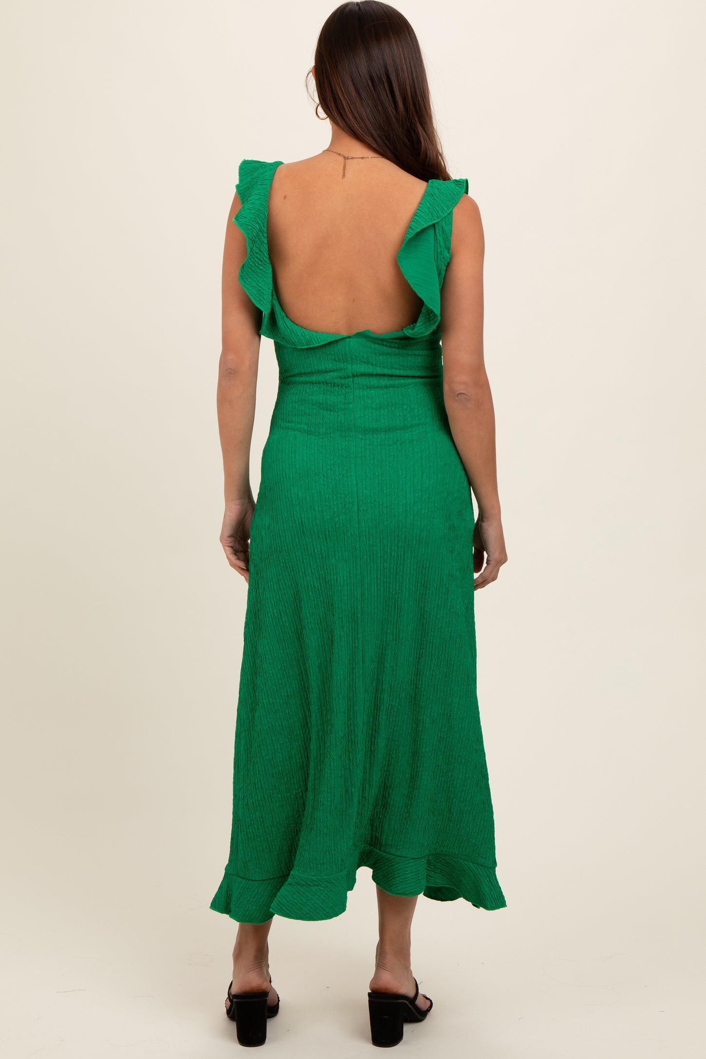 Green Textured Sleeveless Ruffle Slit Maternity Maxi Dress Green Textured Sleeveless Ruffle Slit Maternity Maxi Dress