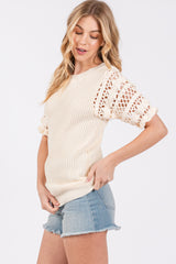 Cream Open Knit Short Puff Sleeve Sweater Top