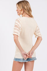 Cream Open Knit Short Puff Sleeve Sweater Top