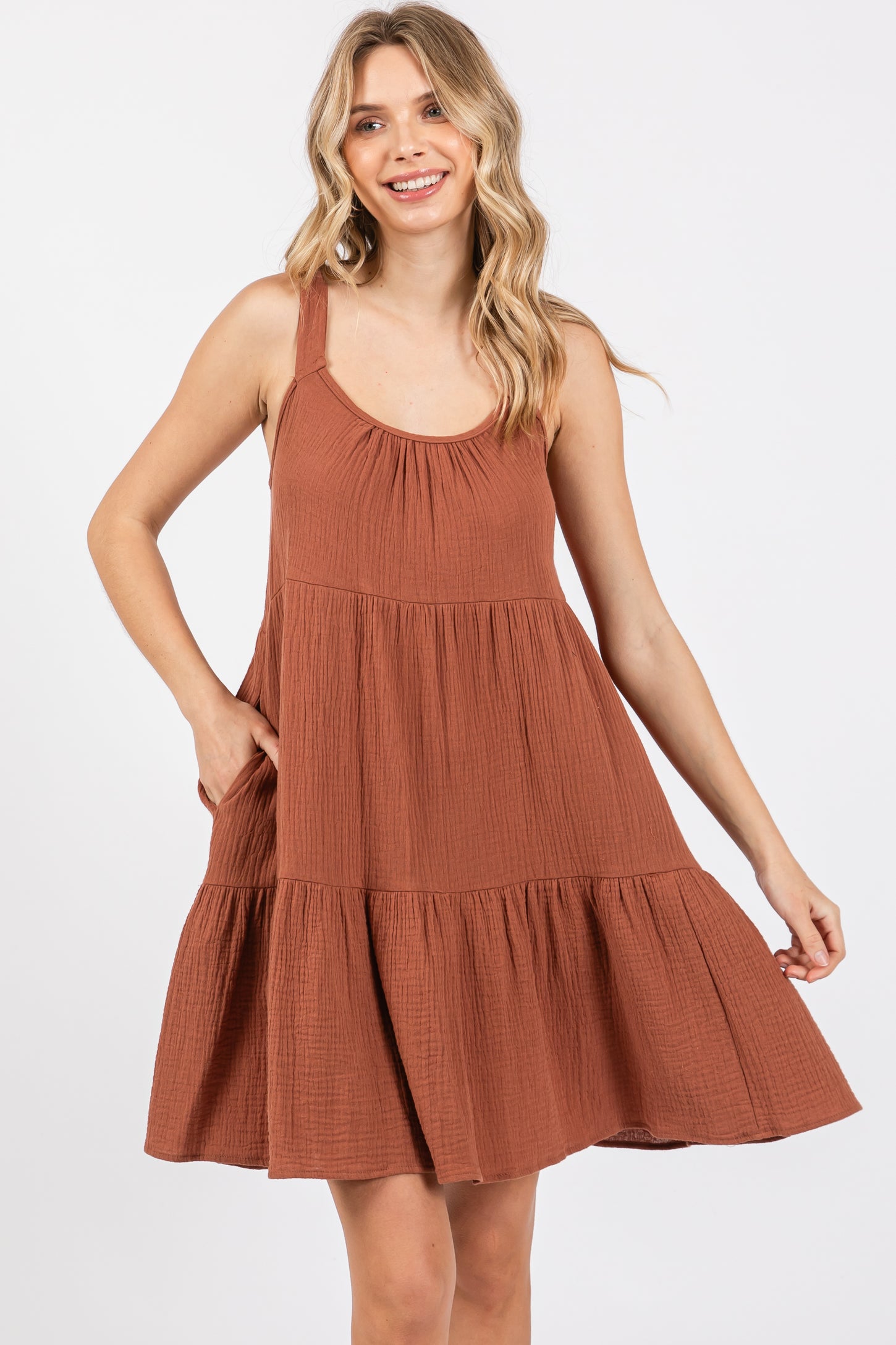 Mocha Sleeveless Tiered Ruffle Hem Dress